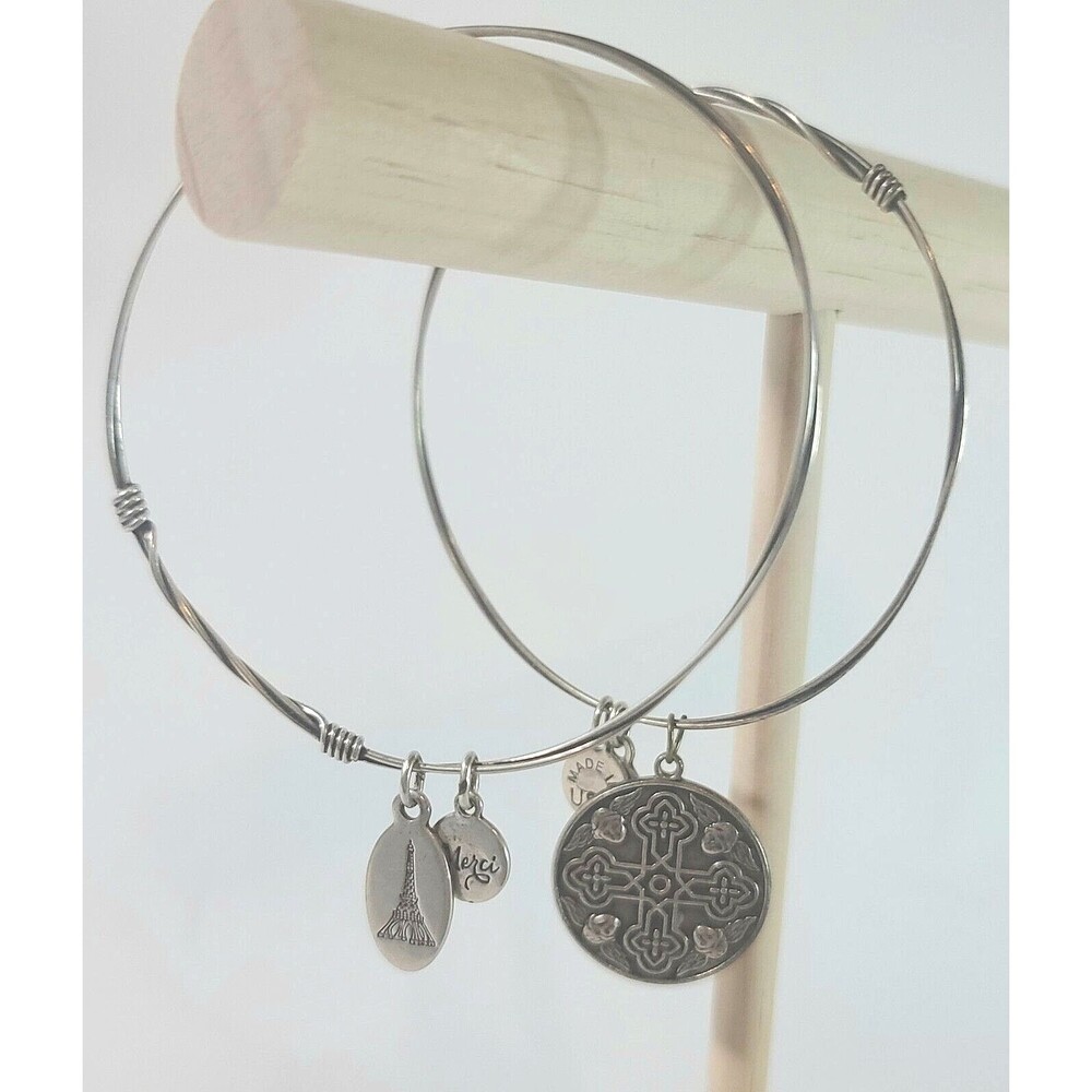 Beaucoup Designs Silver Tone Cross Wire Charm Bangle Bracelets Set 2